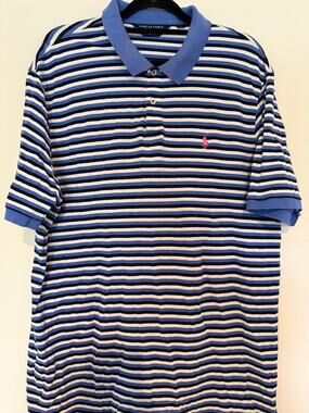 Polo Golf Ralph Lauren Men's XXL Pro Fit Blue Striped Polo Pink Pony